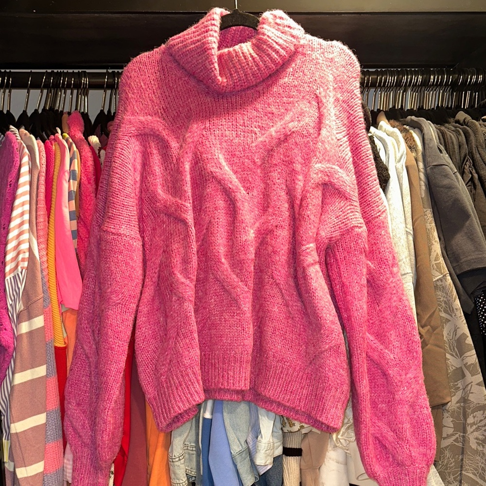 She + Sky Bold Pink Turtleneck Sweater